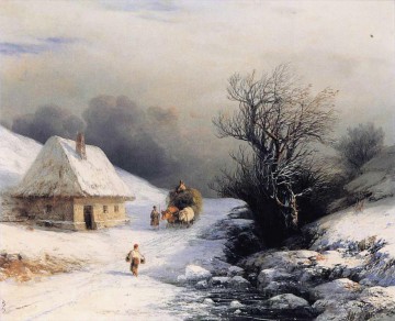  russisch - wenig russische Ochsenkarren im Winter 1866 Verspielt Ivan Aiwasowski russisch